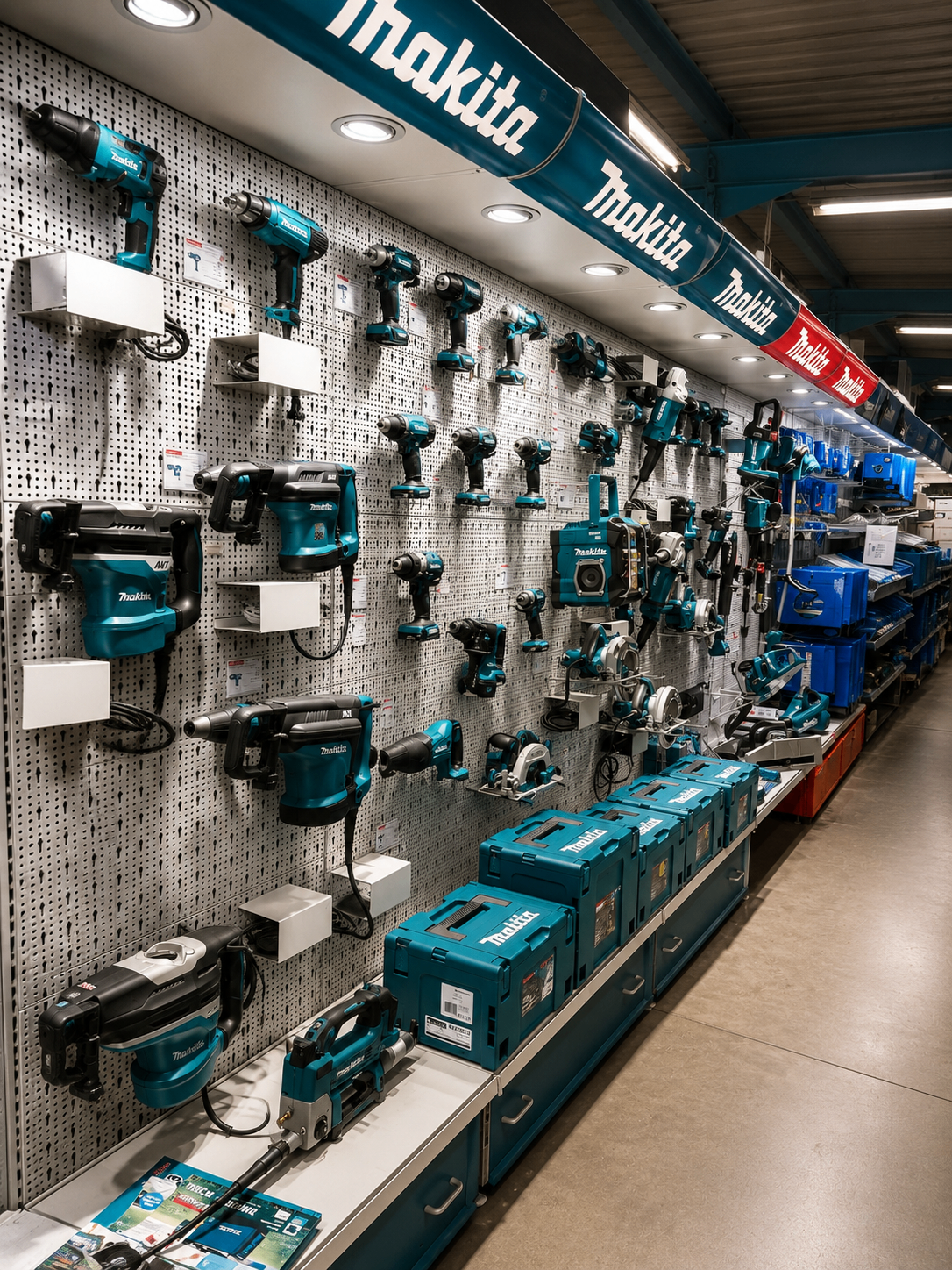 Makita wand met professioneel elektrisch gereedschap in de winkel van IJzerwaren De Balans