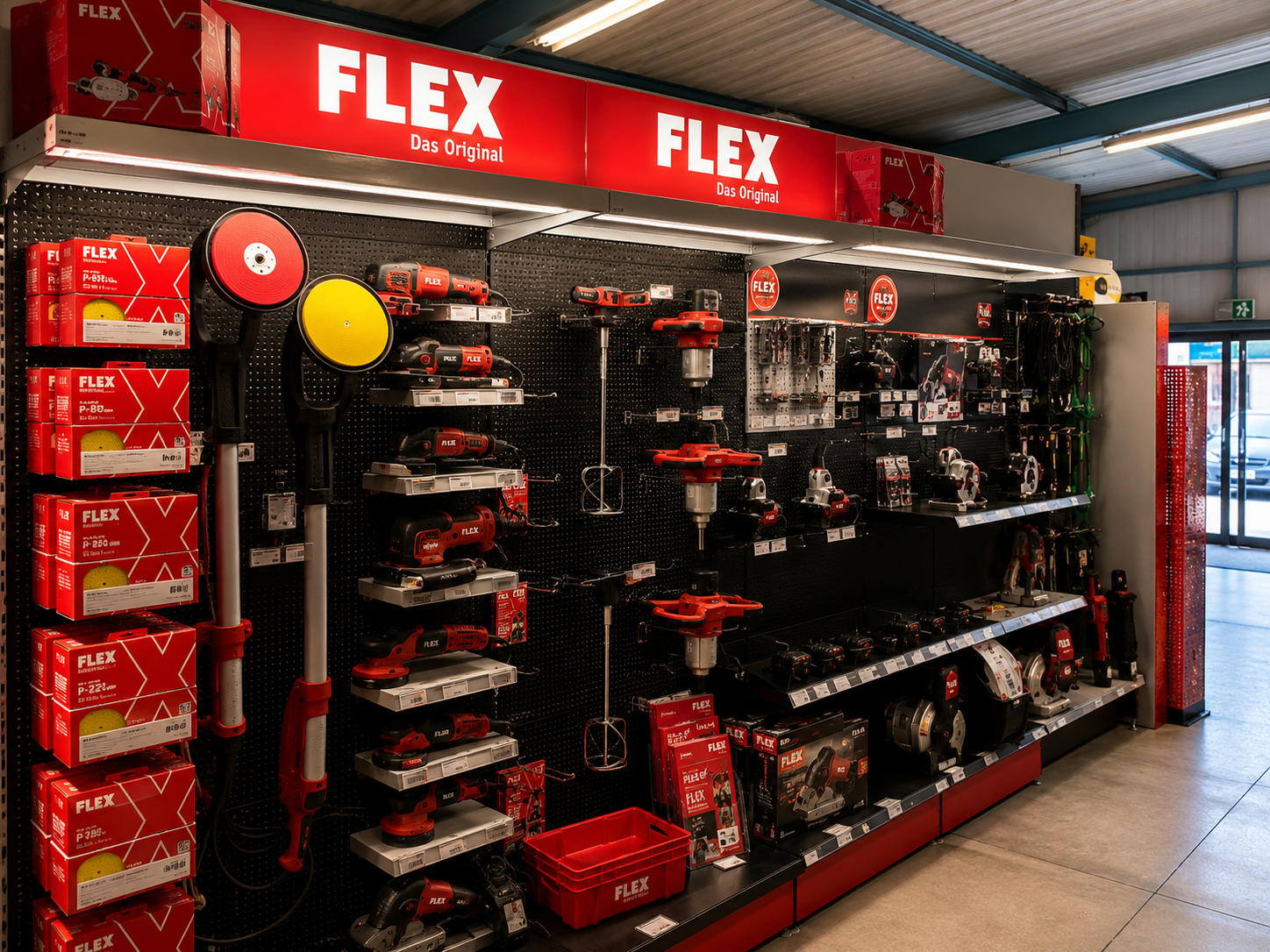 Flex display met professionele machines en accessoires in de winkel van IJzerwaren De Balans